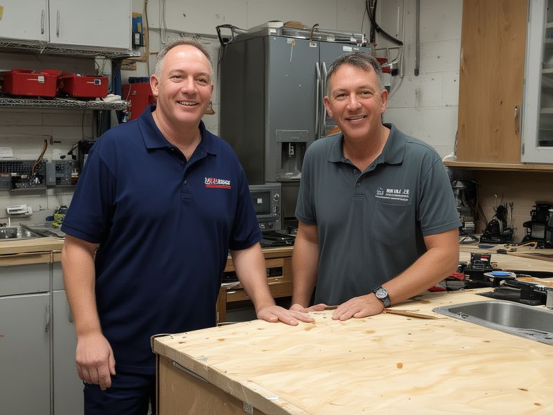 Y & S Appliance Repair team founders working in professional repair workshop environment