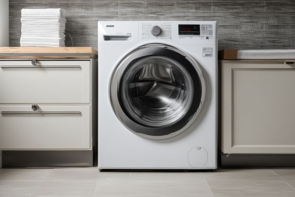 Modern front-load washing machine in home laundry room for repair services showcase