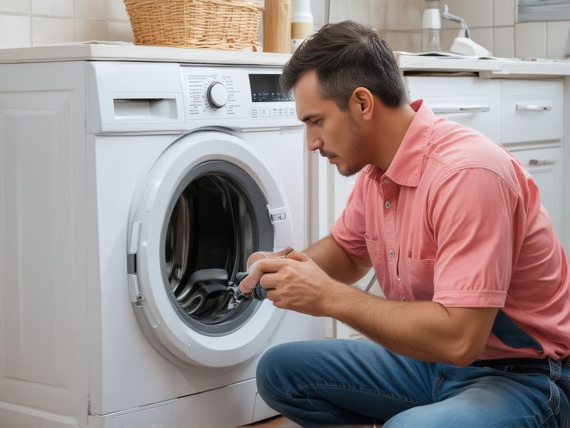 Professional washing machine repair technician working on appliance in customer's home