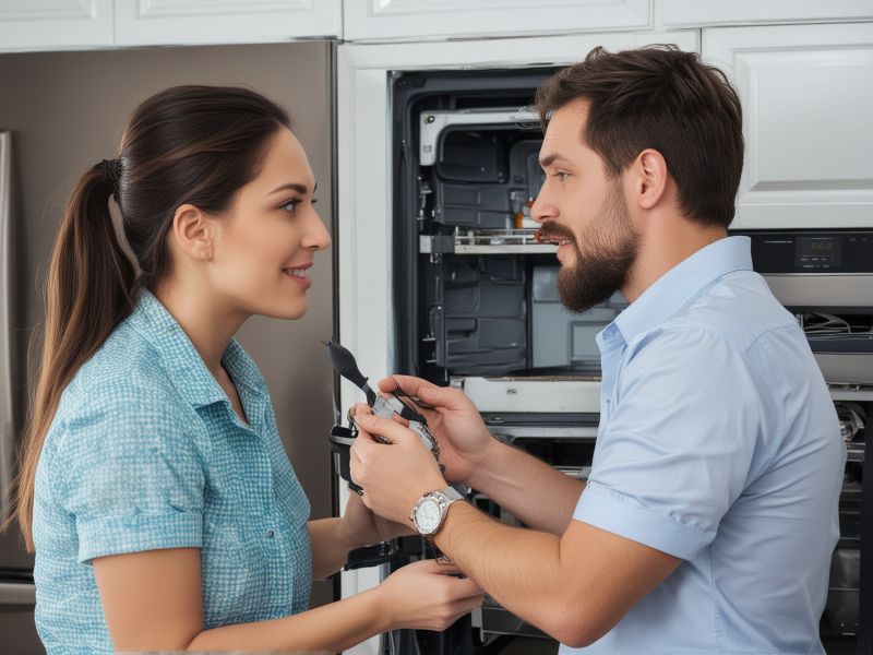 Professional appliance repair technician consulting with customer