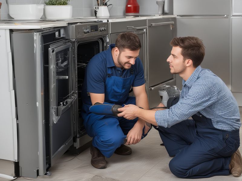 Professional appliance technician performing repair with customer approval