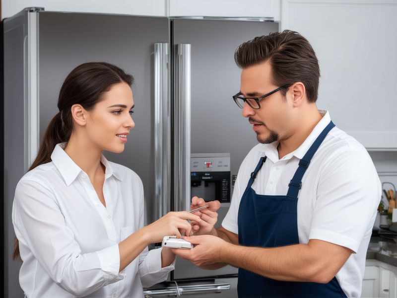 Professional appliance technician explaining repair process to customer